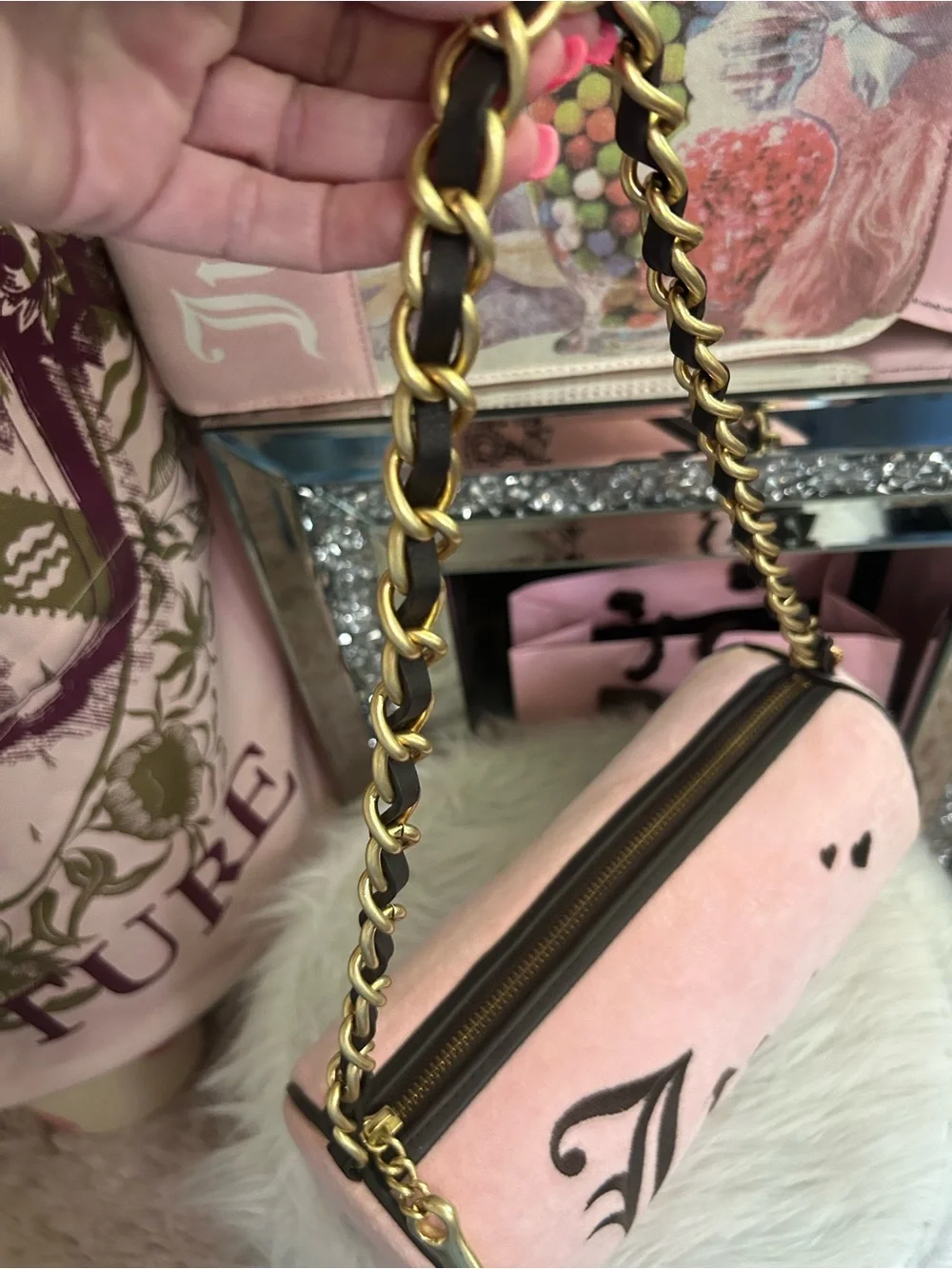 NWT Y2K Vintage 2007 Juicy Couture Pink Velour Brown Leather Tootsie Barrel Bag